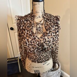 Free People Sheer Blouse, Small, Cheetah Print